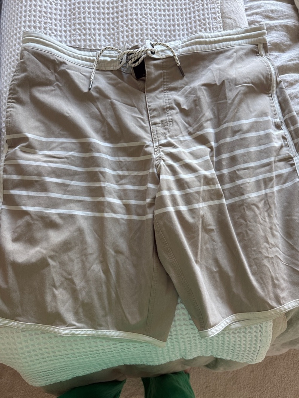 Men's Beige Striped Swim Board Shorts with Drawstring